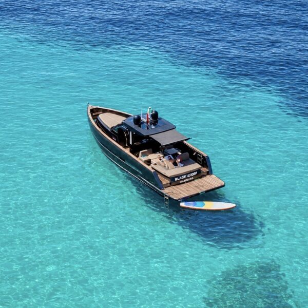 Aerial view of BLACK SHEEP cruising in Mallorca