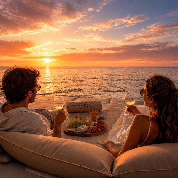 Couple enjoying sunset aboard BLACK SHEEP at Cala Tuent