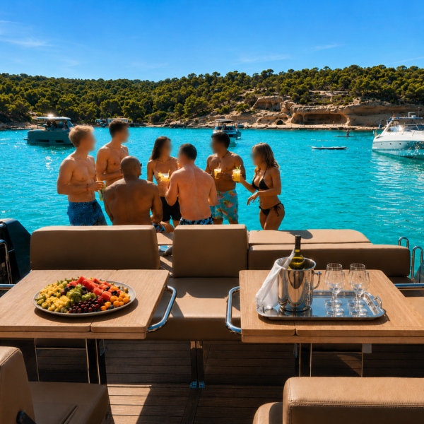 Guests relaxing on the spacious swim platform of BLACK SHEEP