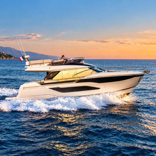 LA FAMILIA Prestige 4.9 Flybridge cruising off Mallorca at sunset
