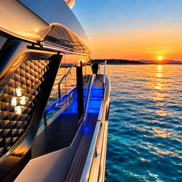 LA FAMILIA Prestige 4.9 illuminated side deck at sunset